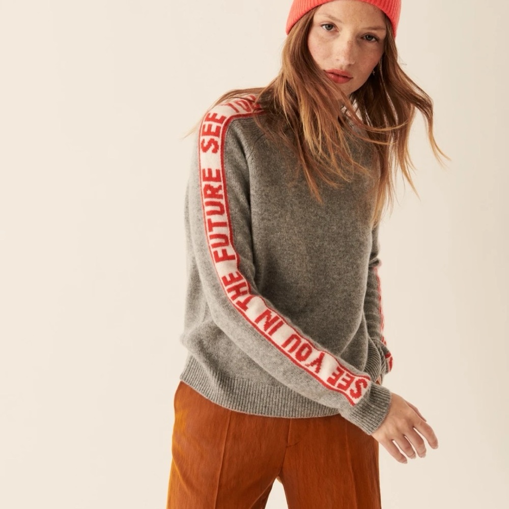 From Future gray cashmere sweater crew neck “SEE YOU IN THE FUTURE” red